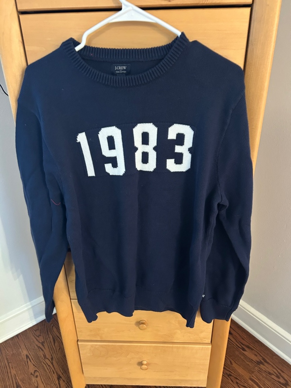 J. Crew Navy Crewneck Sweater with White 1983 Graphic, Size M